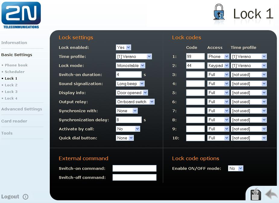 Lock enabled: Activamos o desactivamos todos los controles de la cerradura. Time profile: Programamos que la cerradura esté o no disponible automáticamente según un perfil horario.