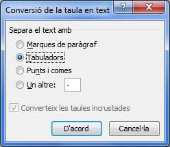 Accedir a la icona Converteix-ho a text ubicada a la pestanya Eines de taules/presentació. 3. De la finestra que es visualitza, fer clic a D acord per dur a terme la conversió. 4.
