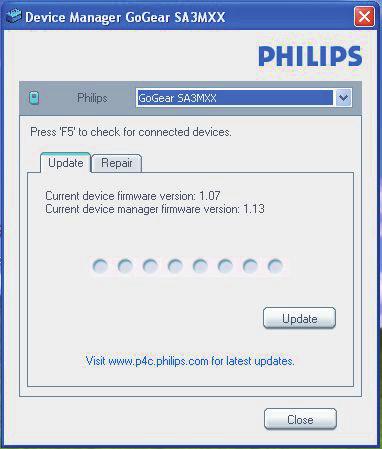 9 Actualización del firmware a través de Philips Device Manager Aparece un cuadro de diálogo. 3 Conecte el MIX al PC. Cuando el dispositivo está conectado, se muestra "SA5MXXXX" en el cuadro de texto.