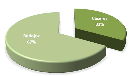 2.3.- Residencia. Provincias. El 67% de las personas participantes residen en la provincia de Badajoz y el 33% en la de Cáceres.