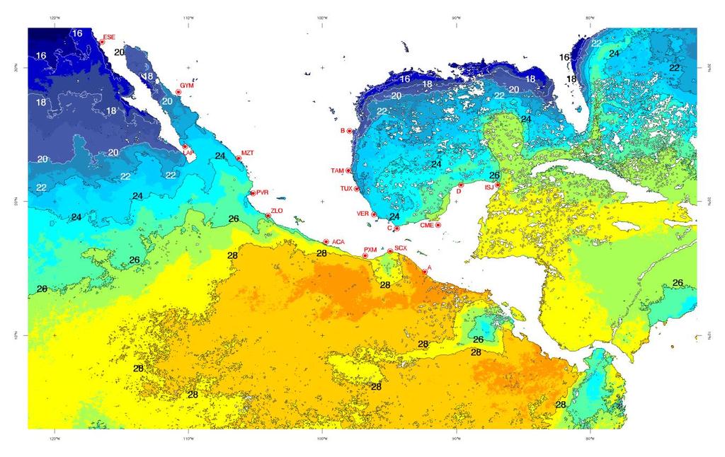 TEMPERATURA SUPERFICIAL DEL MAR. MARZO 2014 Fig. 1. Temperatura superficial marina registrada en marzo. Imágenes MODIS-Aqua. Base de datos GIOVANNI-NASA. Unidades C.