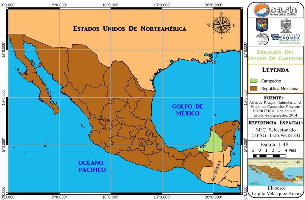 Tlamati Sabiduría Volumen 7 Número Especial 2 (2016) Localización y límites geográficos El estado de Campeche se localiza en el sureste de la República Mexicana, formando parte de la península de