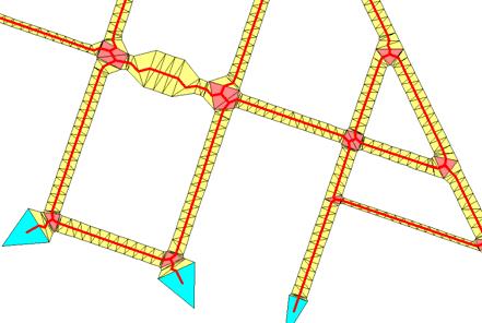 Figura 5: Construcción de vía en función del tipo de triángulo: por las vías (amarillo) pasa un único arco; en las intersecciones (rosa) convergen tres vías mientras que en los nodos exteriores