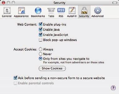 Ajuste del navegador de Internet Ejemplos: SO/Navegadores MAC OS X v 10.4 Safari Ajuste para activar JavaScript y Flash Player Seleccione Preferences.