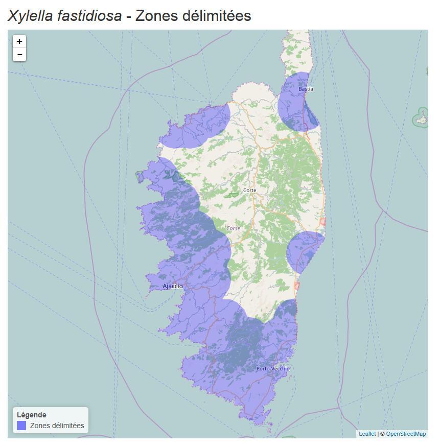 Mapa de localización de las Zonas demarcadas de Xylella fastidiosa en Francia (septiembre 2017) La subespecie identificada de la bacteria en la mayoría de los brotes es la subsp.