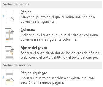 Saltos de página y secciones Permite cambiar el diseño o el formato de una o varias páginas del documento, se utilizan saltos de sección si deseamos dividir una página en dos columnas.
