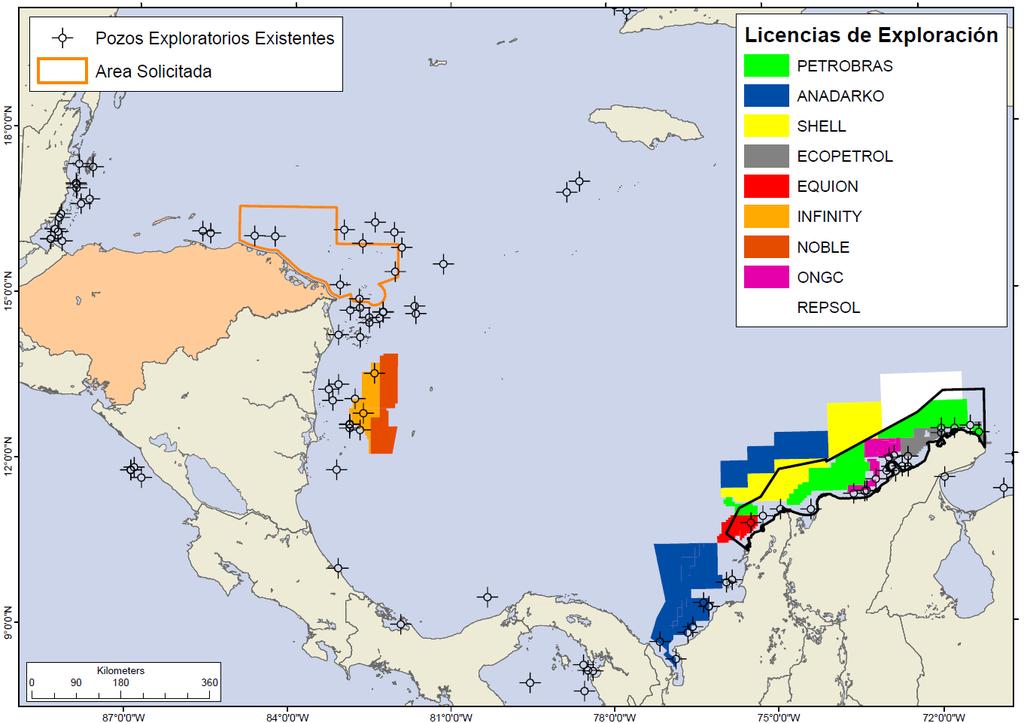La actividad regional en el Caribe Occidental Área de Colombia original, otorgado licencia en alta mar (2004) Este mapa ha sido compilado de las siguientes fuentes de información: IHS Energy.