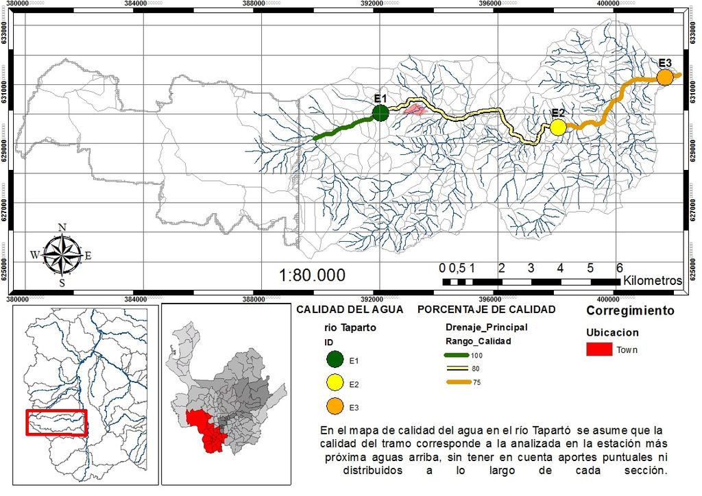 Ruiz, J., Veléz, F., Caicedo, O & Aguirre, N. (2016). 25 Ilustración 12. Mapa de calidad del agua en la cuenca del río Tapartó.