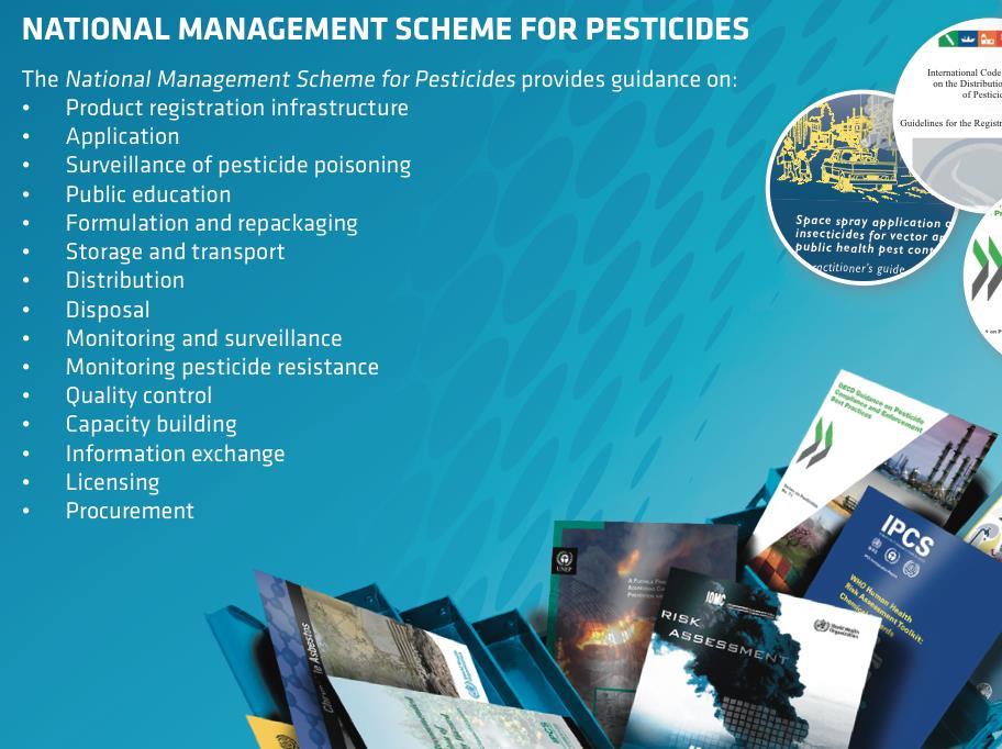 IOMC Toolbox Example: National Management Scheme for Pesticides Provides guidance on: Product registration infrastructure Application Surveillance of pesticide poisoning Public education Formulation