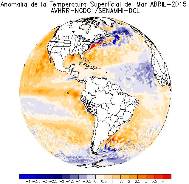 Frente a las costas de California y norte del Pacífico mexicano se mantienen las fuertes anomalías positivas de la TSM, condiciones similares