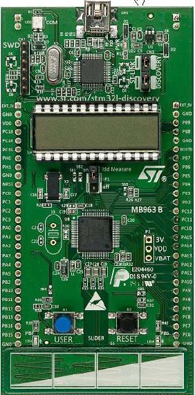 PLACA DE DESARROLLO STM32L-DISCOVERY La placa de desarrollo STM32L- DISCOVERY solo requiere una conexión a PC y, además del micro, incluye los siguientes elementos: Mecanismo de depuración con el