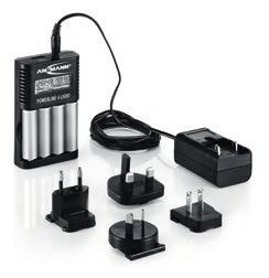 766560 Cargador POWERLINE 4 LIGHT Para cargar 4 baterías recargables; tipo AA o AAA; con 4 adaptadores para uso mundial; incluyendo 4