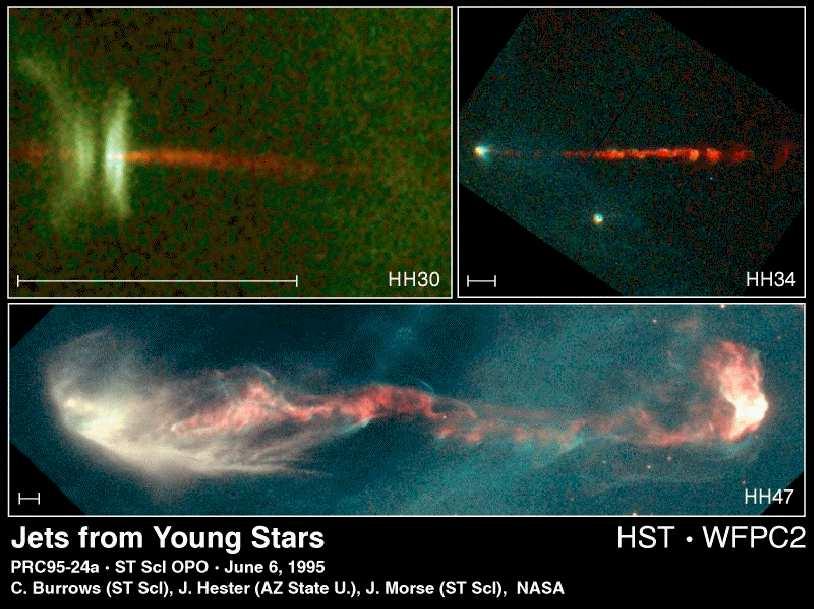 Figura 3: Jets detectados en diferentes YSOs por el telescopio espacial Hubble. edades entre 10 6 y 10 7 años. El disco de acreción es pequeño o ha desaparecido debido a la formación de planetas.