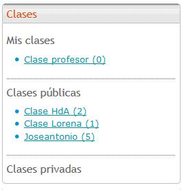 Desde el bloque Clases, situado a la izquierda de la tabla de alumnos, el profesor puede: Acceder a sus clases desde la opción Mis clases del bloque (el número que está entre paréntesis indica el