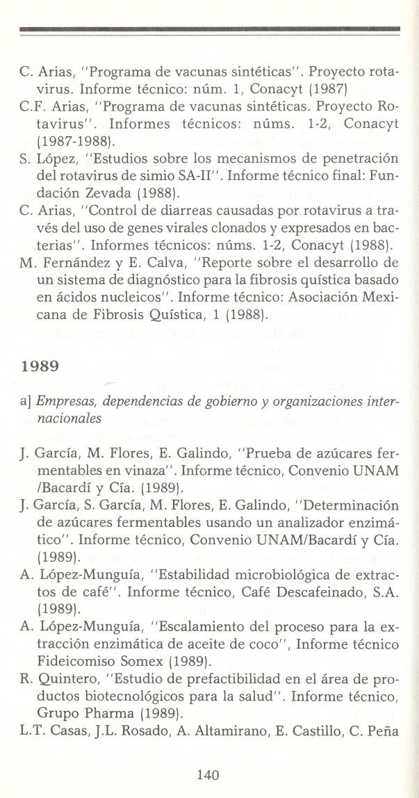 C. Arias, "Programa de vacunas sintéticas". Proyecto rotavirus. Informe técnico: núm. 1, Conacyt (1987) C.F. Arias, "Programa de vacunas sintéticas. Proyecto Rotavirus". Informes técnicos: núms.