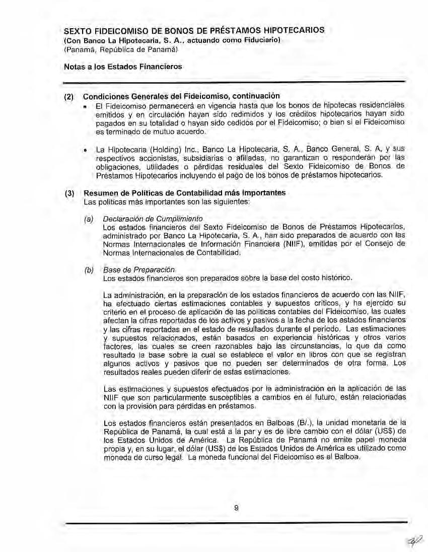 SEXTO FIDEICOMISO DE BONOS DE PRÉSTAMOS HIPOTECA RIOS (Con Banco La Hipotecaria, S. A.