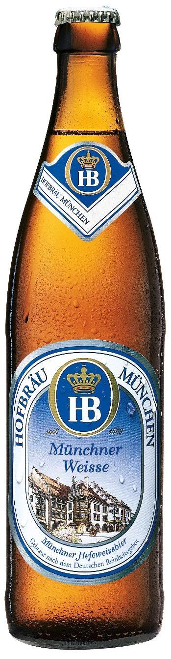 Cerveza Hofbräu Weisse Descripción: Es una cerveza de alta fermentación, de trigo, que a simple vista tiene el aspecto típico turbio. Su olor es afrutado, con recuerdos a clavo y plátano.