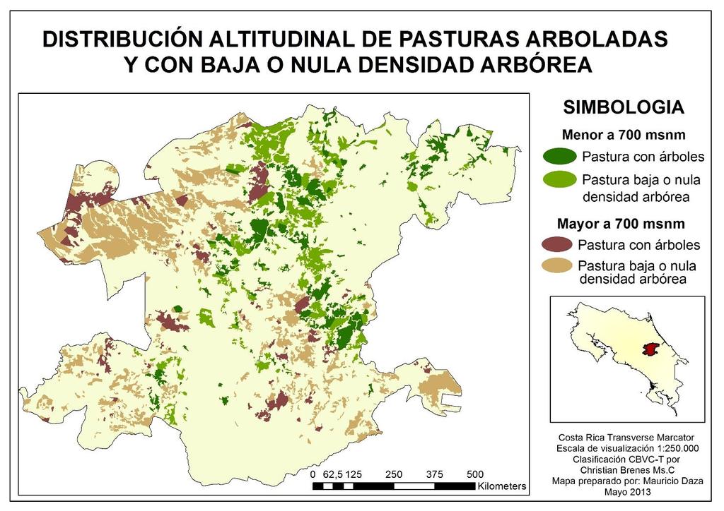 Figura 10. Mapa distribución de pasturas con baja densidad arbórea y sin árboles por rango altitudinal CBVCT. 4.