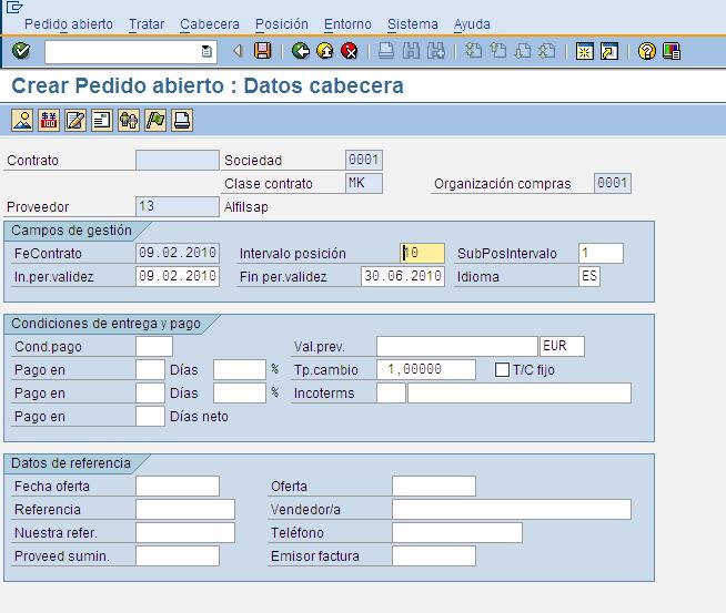 i. Crear pedido abierto: Datos cabecera Campo Contrato Clase contrato Descripción Número que identifica el contrato marco o pedido abierto. Clave que identifica el tipo de contrato.
