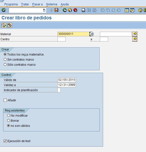 e. Operaciones El libro de pedidos se puede generar automáticamente a partir de los registros info creados o se puede crear manualmente a través de la transacción de mantenimiento del mismo.