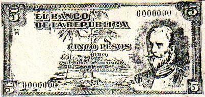 billete del Banco de la República por valor de cinco pesos, que al parecer iba a servir para conmemorar en 1938 la fundación de Bogotá y que la Señora Josefina guardaba con mucho orgullo en su