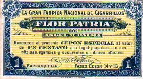 Ficha La Gran Fábrica Nacional de Cigarrillos Flor Patria, un centavo.