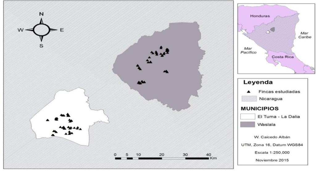Figura 1. Ubicación geográfica de las fincas que participaron en el estudio en los municipios de El Tuma - La Dalia y Waslala.