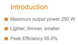 Microinversor YC250 Introdución Potencia de salida maxima de 250W Más ligero, más delgado, más pequeño Eficiencia pico del 95.