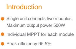 Microinversor YC500 Introdución Una sola unidad conecta a dos módulos Potencia de salida maxima de 500W SPPM individual para cada módulo