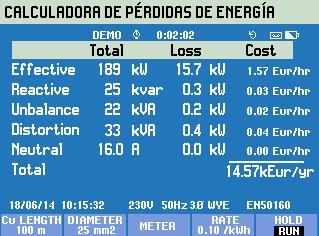 Calculadora de pérdidas de energía Identifica, cuantifica y monetiza las pérdidas de energía globales, incluyendo los armónicos, el desequilibrio, el factor de potencia y el cableado Potencia activa