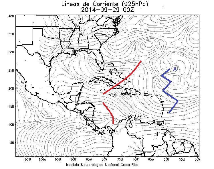 favorecieron las precipitaciones en la región del Caribe, Zona Norte, este y norte del Valle Central.