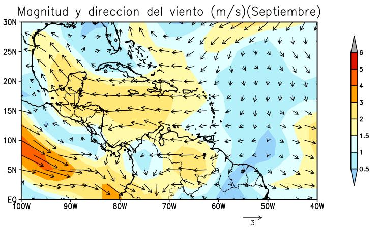 Esta configuración favorece la actividad lluviosa en la vertiente del Pacífico. Fig. 6 Líneas de corriente -promedio- de setiembre, 214 en el nivel atmosférico de 85 hpa.
