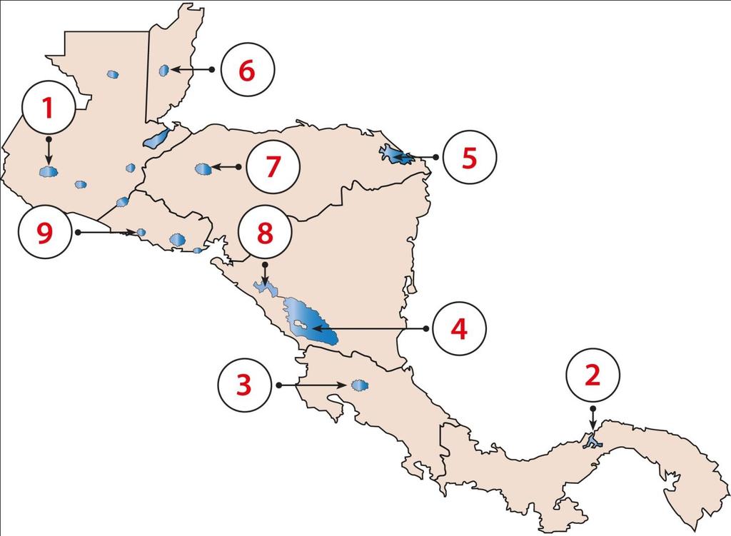 Cuarto Primaria Ciencias Sociales Evaluación Mes 7 SERIE IX: Identifica el lago o laguna que se ubica en el mapa. Escribe dentro de los círculos el número que corresponde a cada uno. (2 pts.