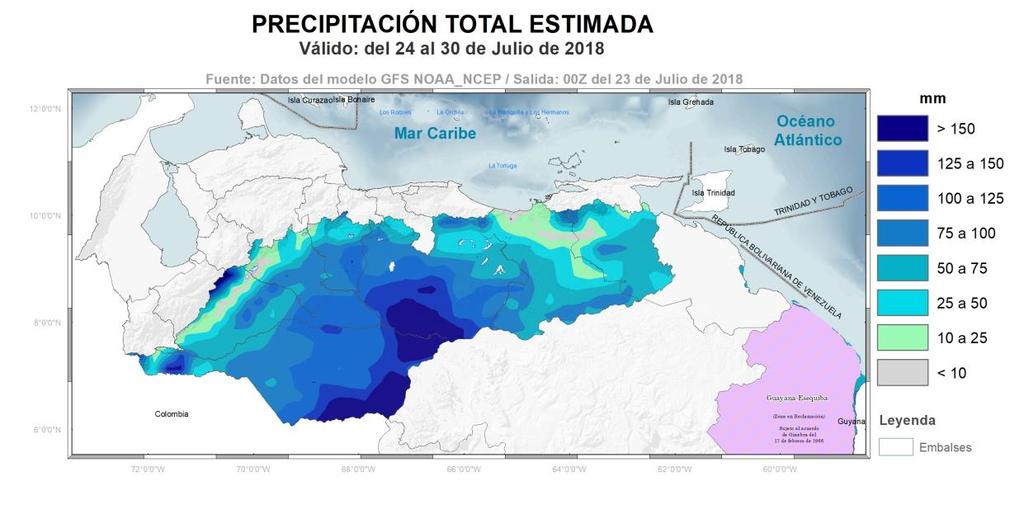 PRONÓSTICO DE LAS CONDICIONES METEOROLÓGICAS (7 DÍAS) (24 al 30 julio de 2018) A continuación, el Mapa de la precipitación total estimada para el período del 24 al 30 julio de 2018, proveniente de