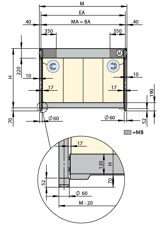 Medidas de montaje- Equipo individual 1 campo, 1 motor 13 M = Línea del toldo EA = Toldo individual H = Salida BA = Eje de fijación