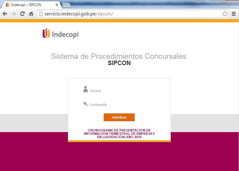 1. INGRESO AL SISTEMA Ingresar a la siguiente dirección http://servicio.indecopi.gob.pe/sipcon para acceder al login.