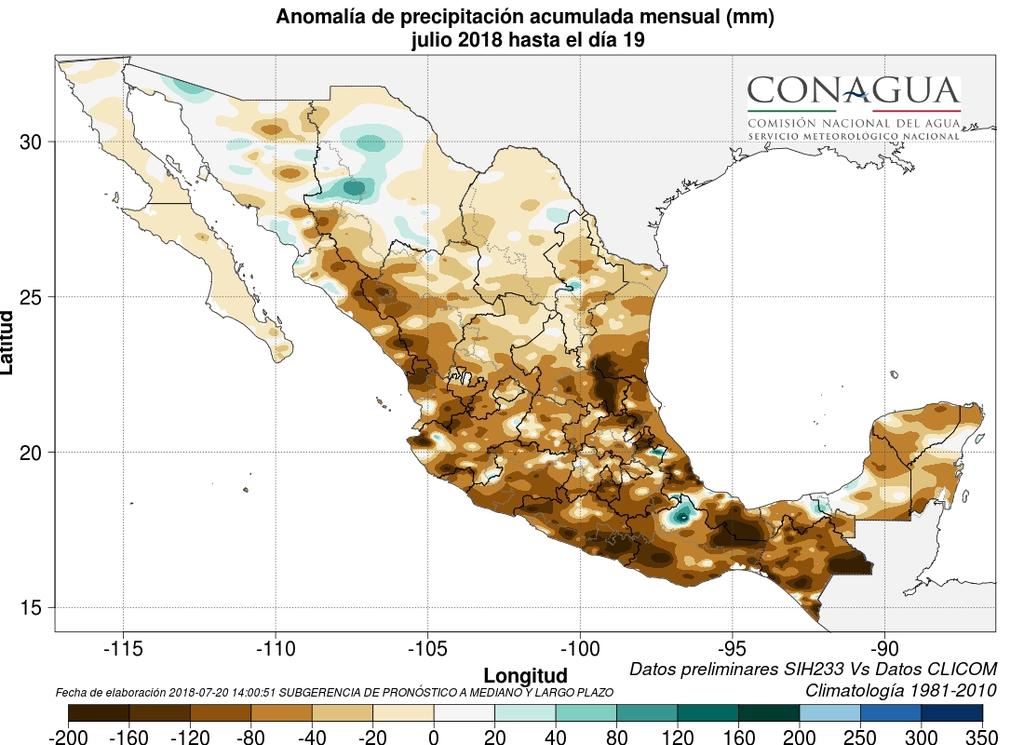 Precipitación y su anomalía registrada acumulada en lo que va del año 2018 en mm Temperaturas: análisis y pronóstico (mapas de modelos numéricos) (por localidad). T. Máx. en C: 45.
