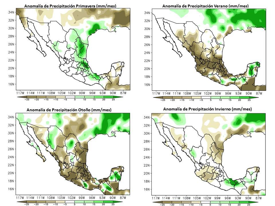 Figura 3. Anomalías de precipitación (mm/mes) para las diferentes estaciones en años de "El Niño" intensos (1957, 1965, 1972, 1982, 1997).
