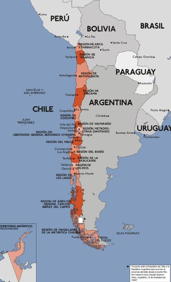 Chile Superficie: 756.945 km2 + territorio antártico 1.250.000 Km2 Población: 17.373.831 habitantes Capital: Santiago de Chile Extensión Norte Sur 4.270 Km.