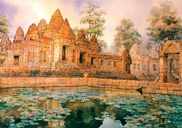 Jayarvaman VII, en el mismo estilo de Angkor Wat. Su escala es enorme, con una superficie de más de 1 km 2, rodeado por un foso. Tiene cuatro rampas de acceso.