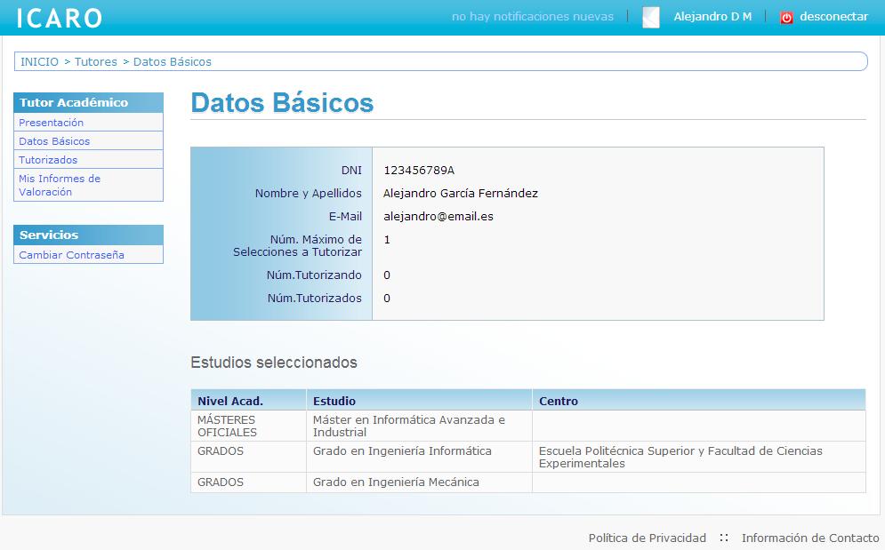 3. Datos Básicos En esta pantalla puede encontrar los datos que aparecen registrados en la universidad.