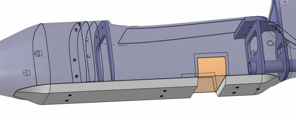 Figura 17: Detalle del fuselaje y de su protección inferior En cuanto a las dimensiones y forma del fuselaje, se han de considerar los equipos que van a ir en el interior del UAV y el tipo de misión