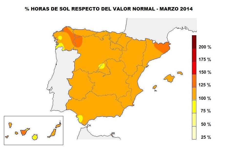 Insolación y otras variables La insolación acumulada quedo por encima de los valores normales del mes en casi toda España, si bien solamente en zonas del noroeste peninsular, norte de Cataluña y