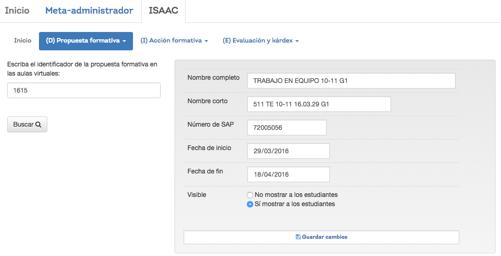Guía del usuario del ISAAC a. Escribe el identificador de un curso en las Aulas y haz clic en el botón Buscar b.