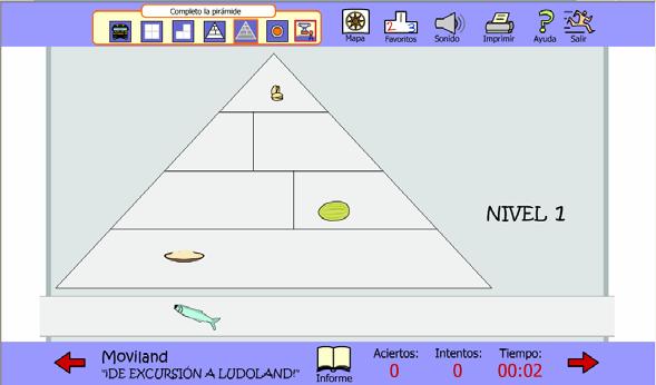 6.4.- Completo la pirámide Título: Competo la pirámide. Objetivos didácticos: - Reforzar el conocimiento del agrupamiento de los diferentes alimentos en función de la cantidad necesaria en la dieta.