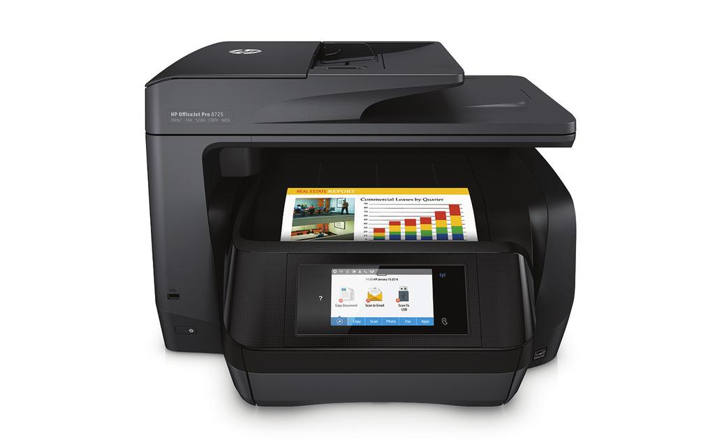 Hoja de datos Impresora multifunción HP OfficeJet Pro 8725 Diseño de impresión innovador de HP que ahorra espacio, con un color de bajo coste e impresiones rápidas por ambas caras Satisfaga las