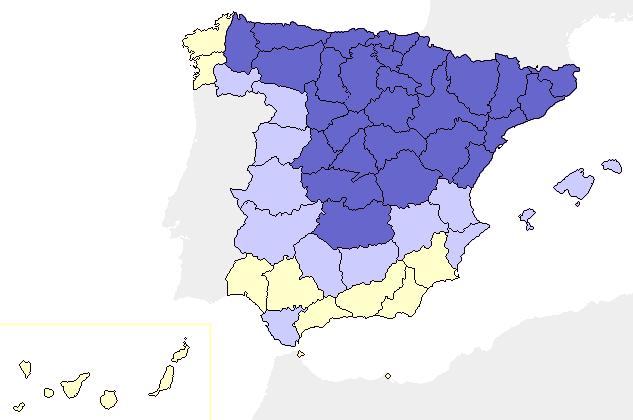 Mapa A Clasificación de las provincias de España en función del número medio anual de días de tormenta.