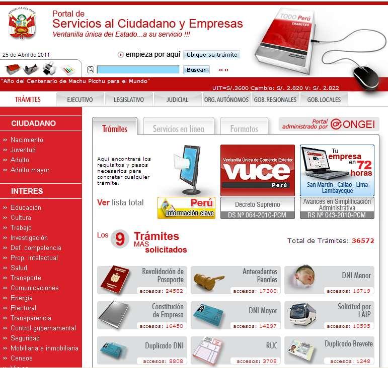 ADMINISTRAMOS EL Portal de Servicios al Ciudadano y Empresas www.tramites.gob.pe 36572 TRÁMITES PUBLICADOS DE 371 ENTIDADES.