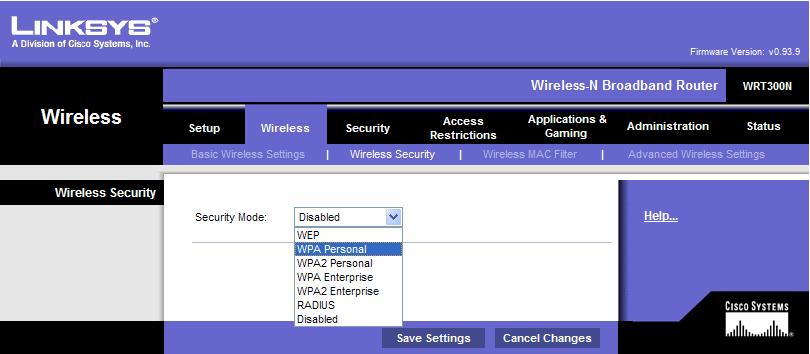 c. Seleccione el modo de seguridad WPA Personal. d. En la siguiente pantalla seleccione un algoritmo de encriptación.