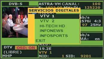 TV Explorer decodificando un canal DVB-S Plan de canales, frecuencia, canal y frecuencia de downlink Tipo de señal e imagen MPEG-2 decodificada.